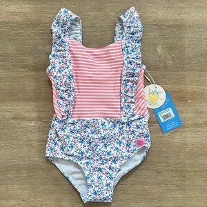 Ruffle Butts Pink and Blue Floral Kids Swim One Piece